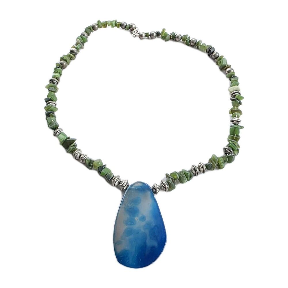 Artisan Handmade Beaded Agate Stone Pendant Necklace Boho Turquoise Gemstone